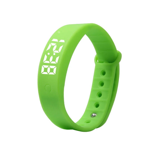 NOVIQ Wake silent vibration alarm wristband in green, LED time display lit on the strap