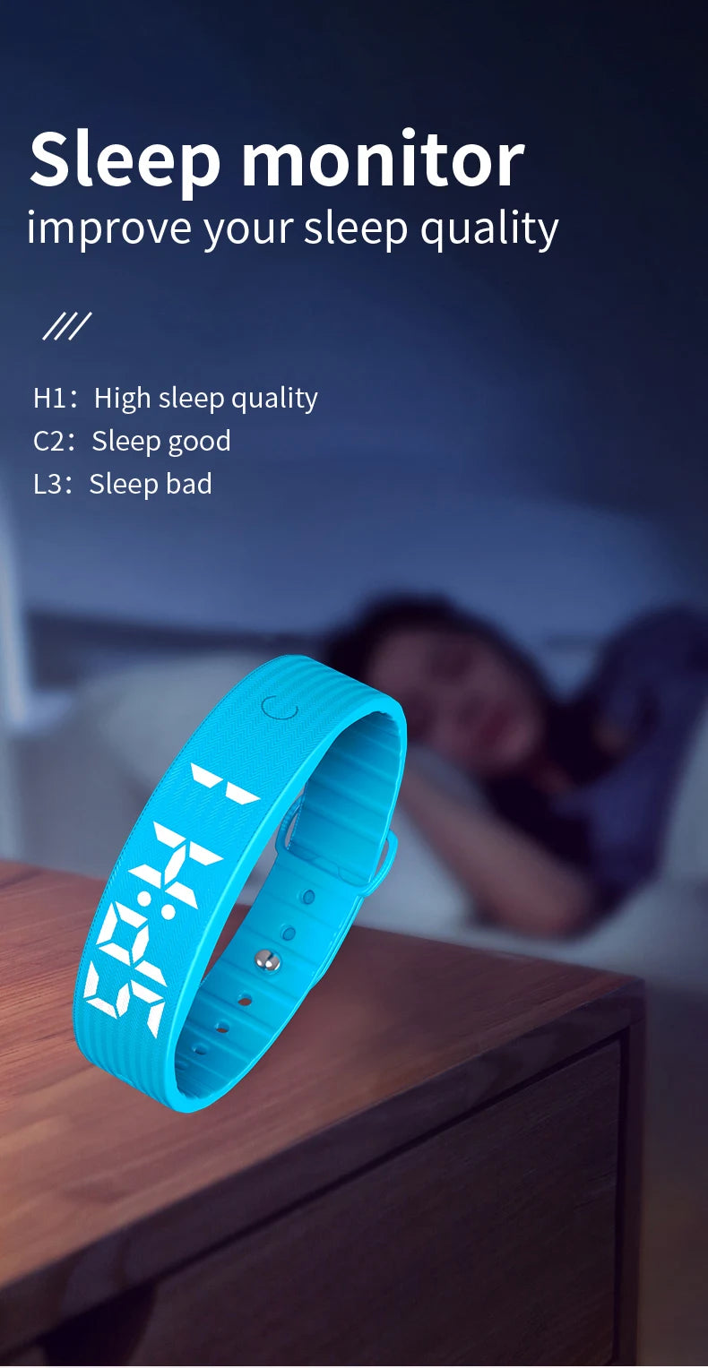 NOVIQ Wake wristband on a bedside table beside a sleeping person, illustrating the sleep monitor quality levels H1, C2 and L3