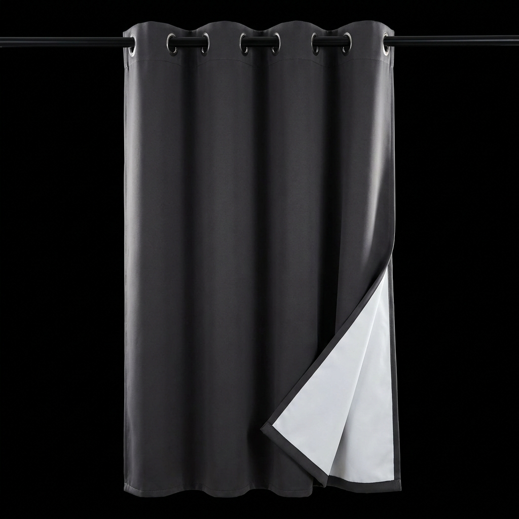 NOVIQ Dark blackout curtain panel with silver grommet top, corner folded to show PU blackout backing