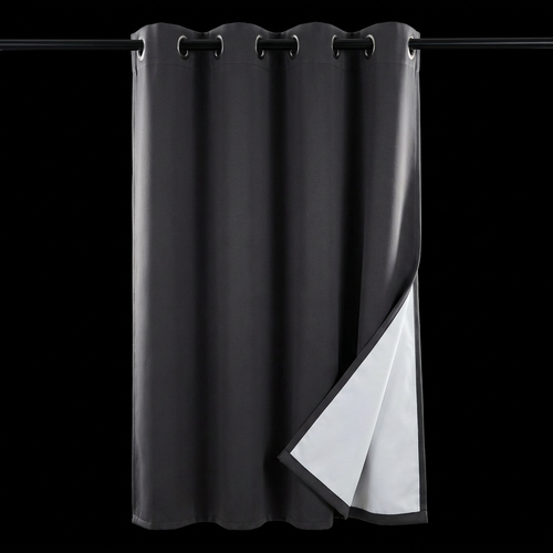 NOVIQ Dark blackout curtain panel with silver grommet top, corner folded to show PU blackout backing