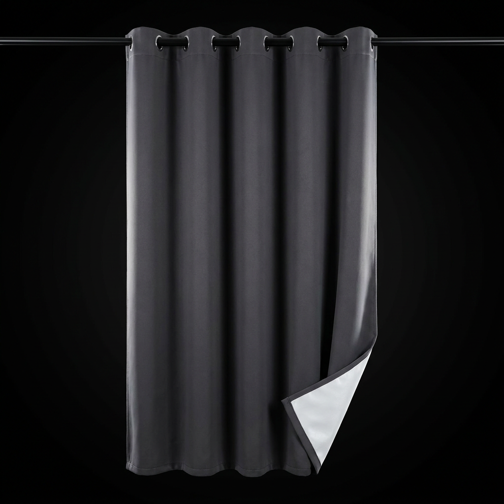 NOVIQ Dark single blackout curtain panel hanging on a black pole, studio product shot