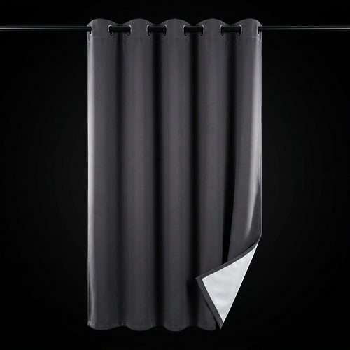 NOVIQ Dark single blackout curtain panel hanging on a black pole, studio product shot