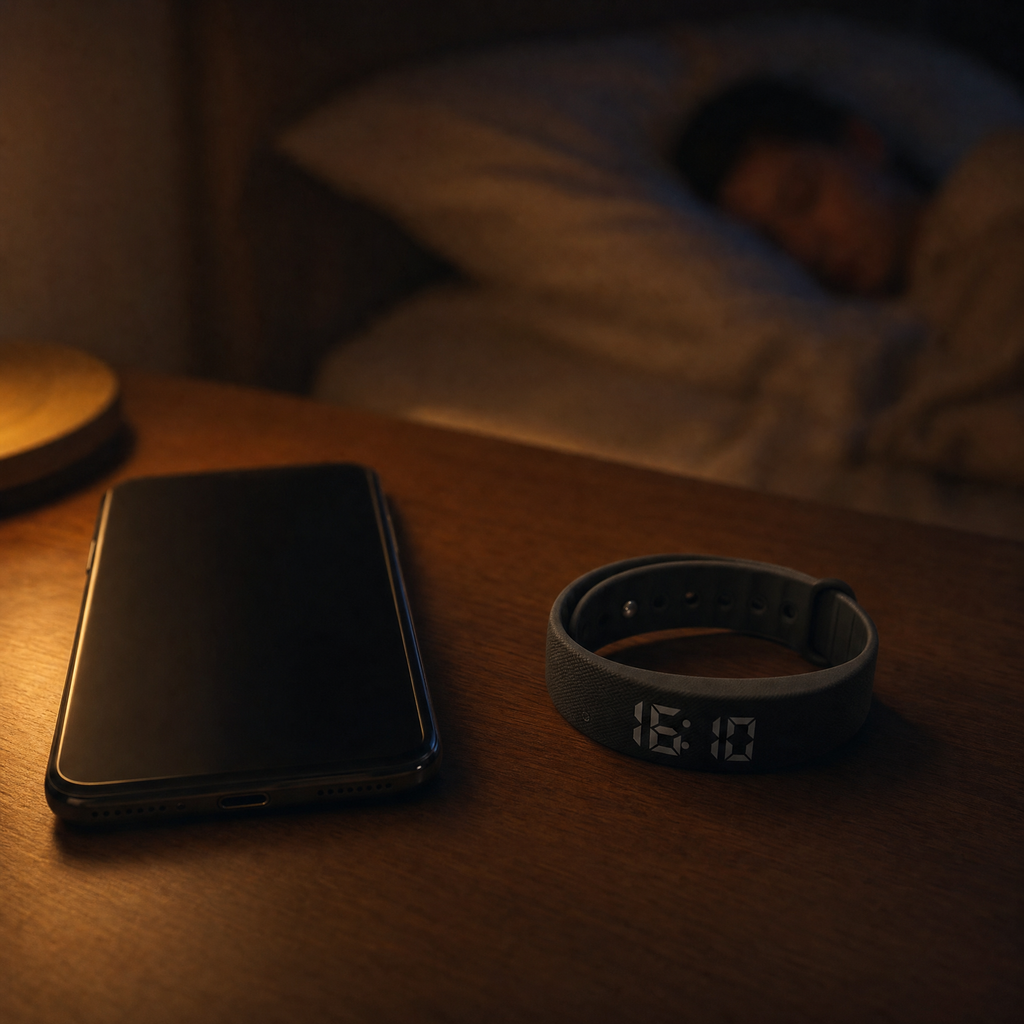 NOVIQ Wake on a bedside table beside a face-down phone, with someone asleep in the background