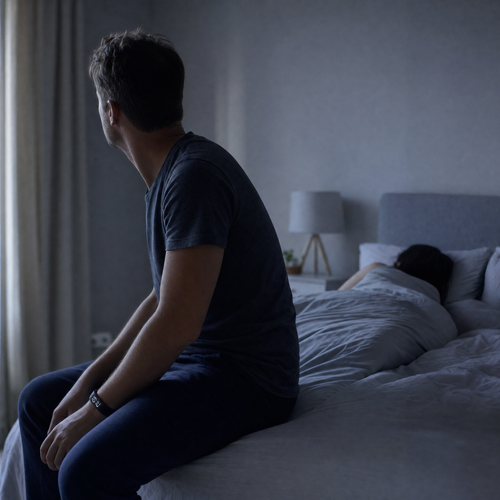 A man sitting awake on the edge of the bed wearing NOVIQ Wake while his partner sleeps on undisturbed