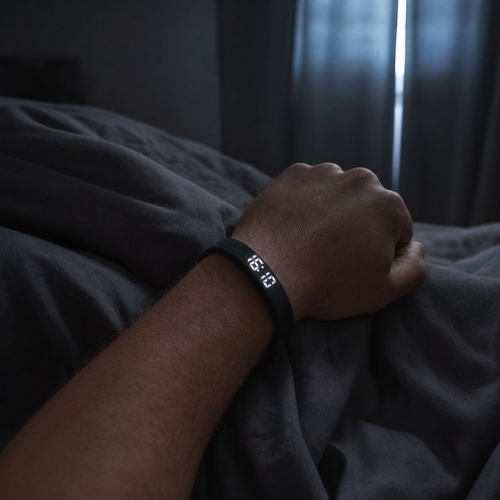NOVIQ Wake worn on a wrist resting on a duvet in a dark bedroom before dawn, the LED display faintly lit