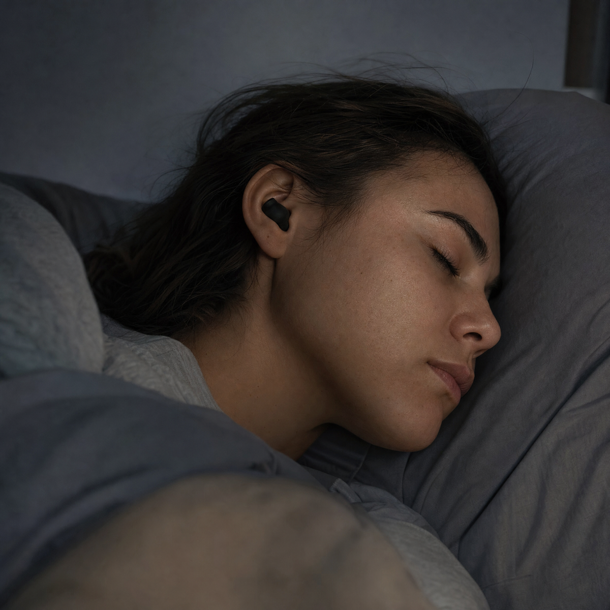 A woman asleep on her side in a dark bedroom wearing a NOVIQ Quiet silicone ear plug