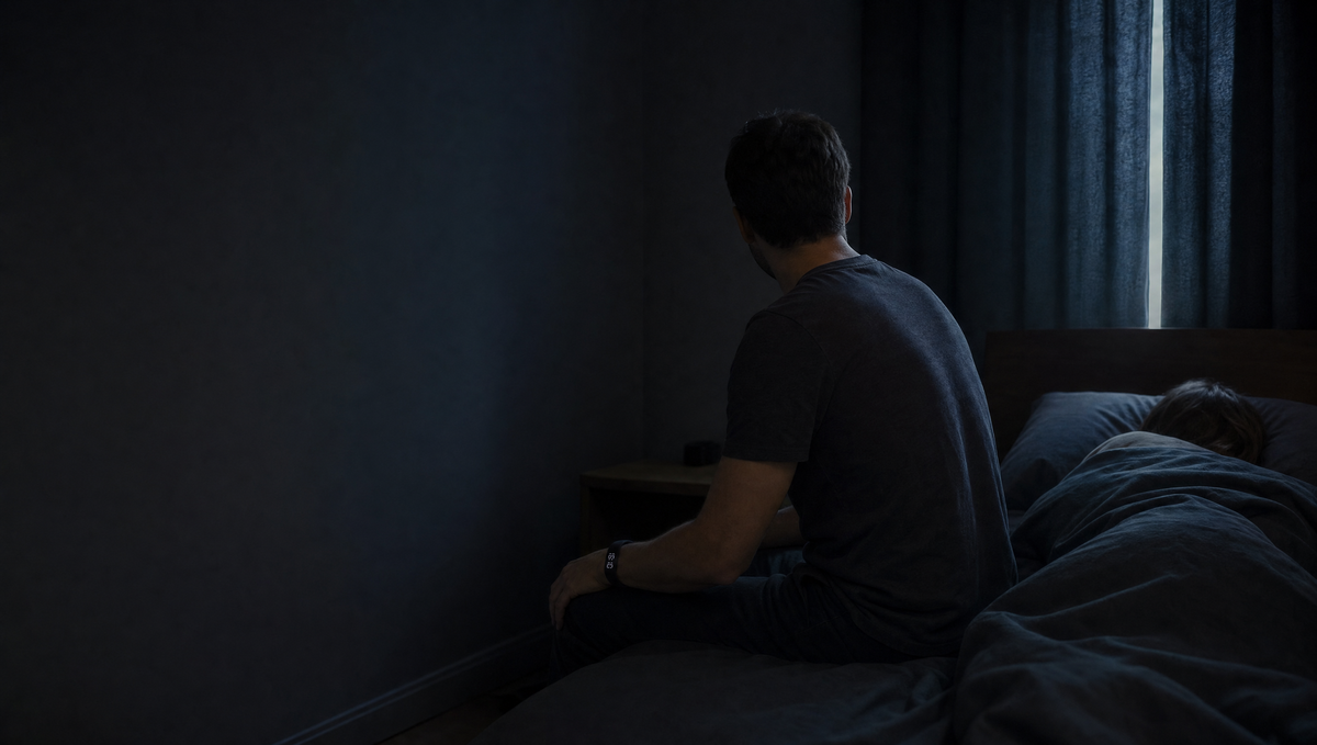 A man sits awake on the edge of a bed in a dark bedroom wearing NOVIQ Wake while his partner sleeps on undisturbed